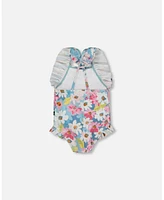 Deux par Baby Girls Printed One-Piece Swimsuit With Frills White, Pink, And Green Flowers