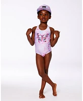 Deux par Girls Printed One-Piece Swimsuit Pink Butterflies With Bubble Effects