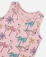 Deux par Big Girls Printed Organic Cotton Tank Top With Fringe Palm Trees, Pink Flamingo, And Turquoise