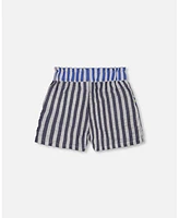 Deux par Toddler Girls Seersucker Short Navy Blue And White - Toddler|Child