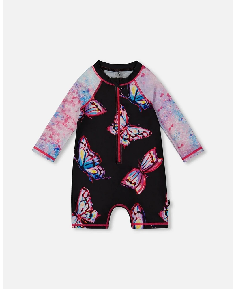 Deux par Girl Printed Long Sleeve One-Piece Rashguard Black And Multicolored Butterflies - Toddler|Child