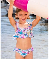 Deux par Girls Printed Two-Piece Swimsuit With Frills White, Pink, And Green Flowers