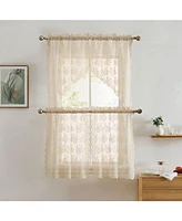 Hlc.me Jolene Floral Rod Pocket Lace Semi Sheer Voile Short Cafe Tiers for Small Windows - 28 x Inch Length (Taupe Tiers