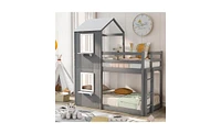 Wooden Loft Bunk Bed with Roof, Guardrail, and Built-In Ladder