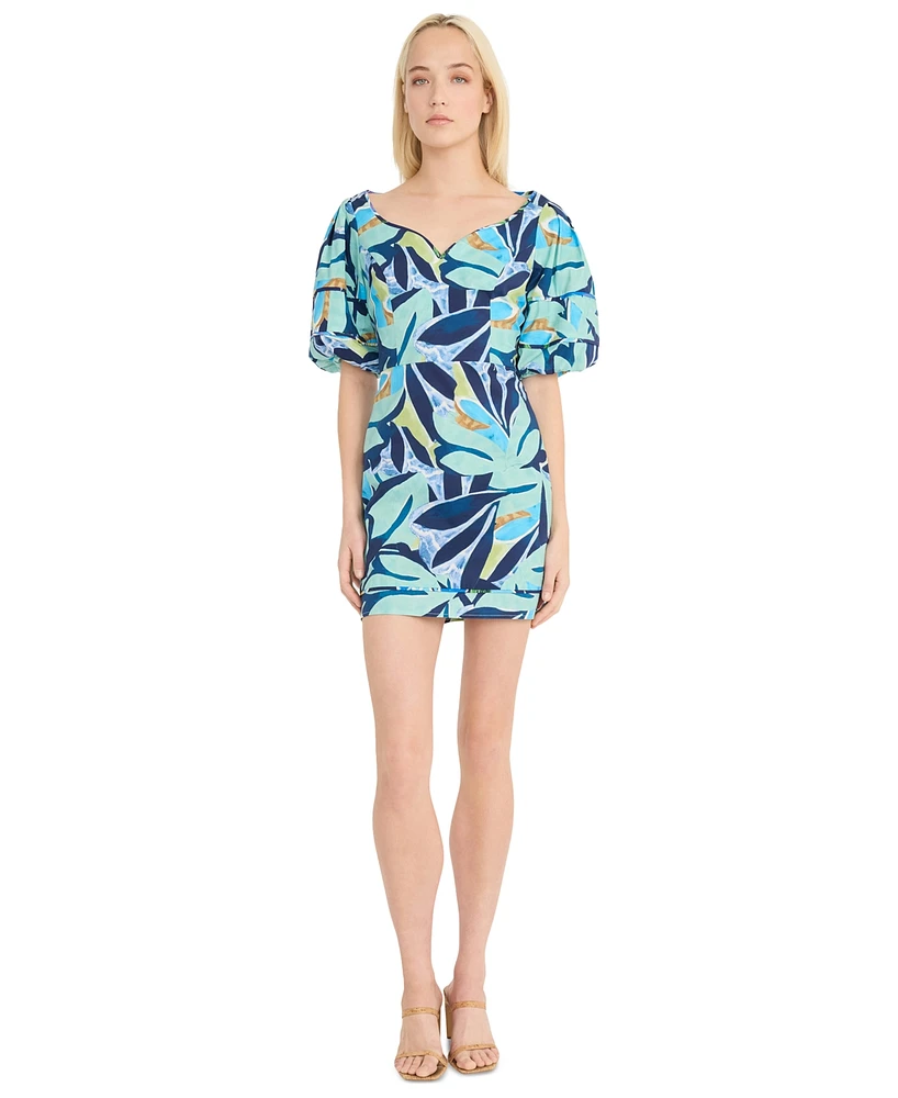 Donna Morgan Women's Puffed-Sleeve Graphic-Print Dress