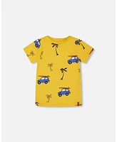 Deux par Toddler Boys Printed Cotton Tee Yellow And Blue Car - Toddler|Child