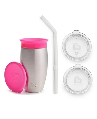 Munchkin Toddler Stainless Steel 360 Sippy Cup with 3 piece Sipper and Straw Lid, Pink