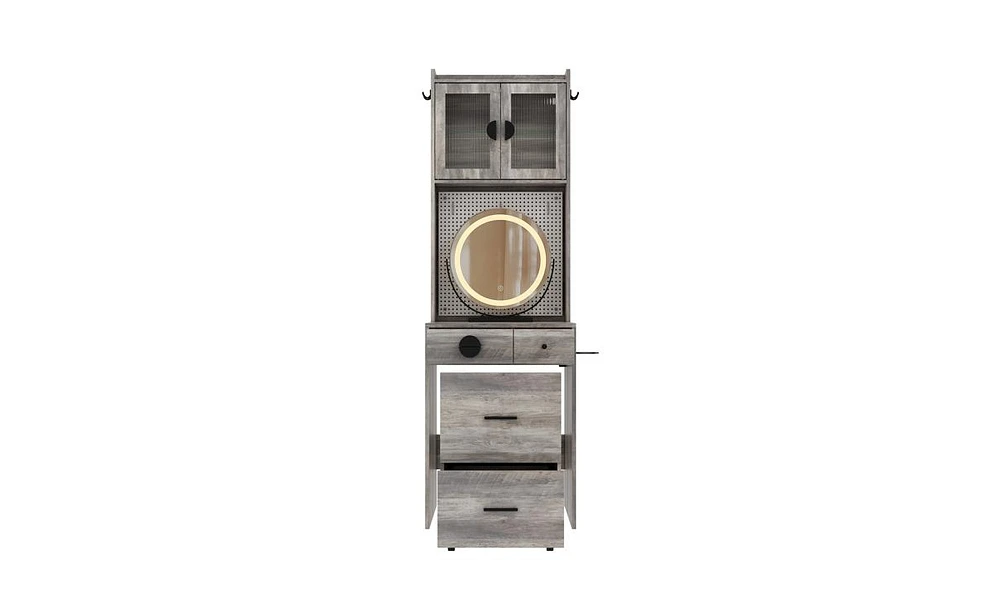 Small Vanity Desk with Mirror and Led Lights – Compact Makeup Table Charging Station, Storage Shelves