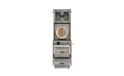 Small Vanity Desk with Mirror and Led Lights – Compact Makeup Table Charging Station, Storage Shelves