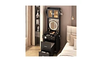 Small Vanity Desk with Mirror and Led Lights – Compact Makeup Table Charging Station, Storage Shelves