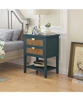 2 Drawer Nightstand Bedside Table with Rattan Drawers Side Table End Table with Storage Small Nightstand with Open Shelf for Bedroom