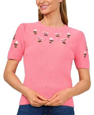 CeCe Women's Crewneck Flower Embroidered Short Sleeve Cotton Sweater