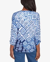 Alfred Dunner Women's Free Spirit Ikat Patched Geometric Top