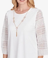 Alfred Dunner Women's Kensington Gardens Solid Lace Sleeve Knit Top with Necklace