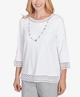 Alfred Dunner Women's Dress Code Solid Lace Trim Top with Necklace