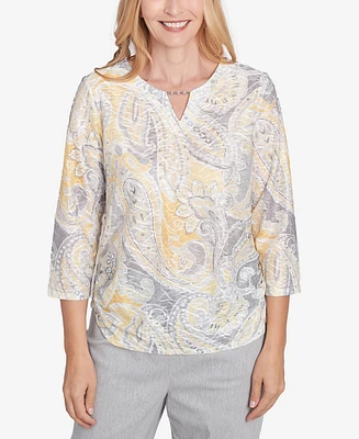 Alfred Dunner Women's Dress Code Textured Paisley Beaded Neck Top