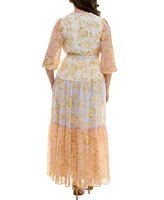 Taylor Plus Printed Blouson-Sleeve Maxi Dress