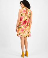 Robbie Bee Women's Floral-Chiffon Mock-Neck Trapeze Dress