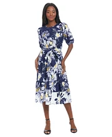 London Times Petite Printed Puff-Sleeve Midi Dress