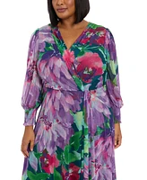 London Times Plus Printed Blouson-Sleeve Maxi Dress