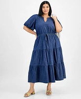 Anne Klein Plus Puff-Sleeve Tiered Midi Dress