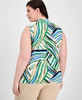 Anne Klein Plus Tripe-Pleat Printed Sleeveless Top