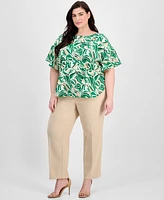 Anne Klein Plus Boat-Neck Flutter-Sleeve Printed Blouse