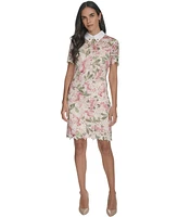 Halston Women's Collared Floral Lace Shift Dress