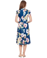 London Times Petite Printed Tie-Neck Puff-Sleeve Midi Dress