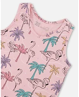 Deux par Toddler Girls Printed Cotton Tank Top With Fringe Palm Trees, Pink Flamingo, And Turquoise - Toddler|Child