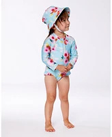 Deux par Baby Girls Printed One-Piece Rashguard With Frills Turquoise And Pink Flowers