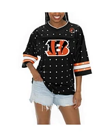 Gameday Couture Women's Black Cincinnati Bengals Kickoff Time Allover Rhinestone Sports Stripe Jersey V-Neck T-Shirt