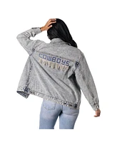 The Wild Collective Women's Dallas Cowboys Rhinestone Denim Sequin Fringe Button-Up Jacket