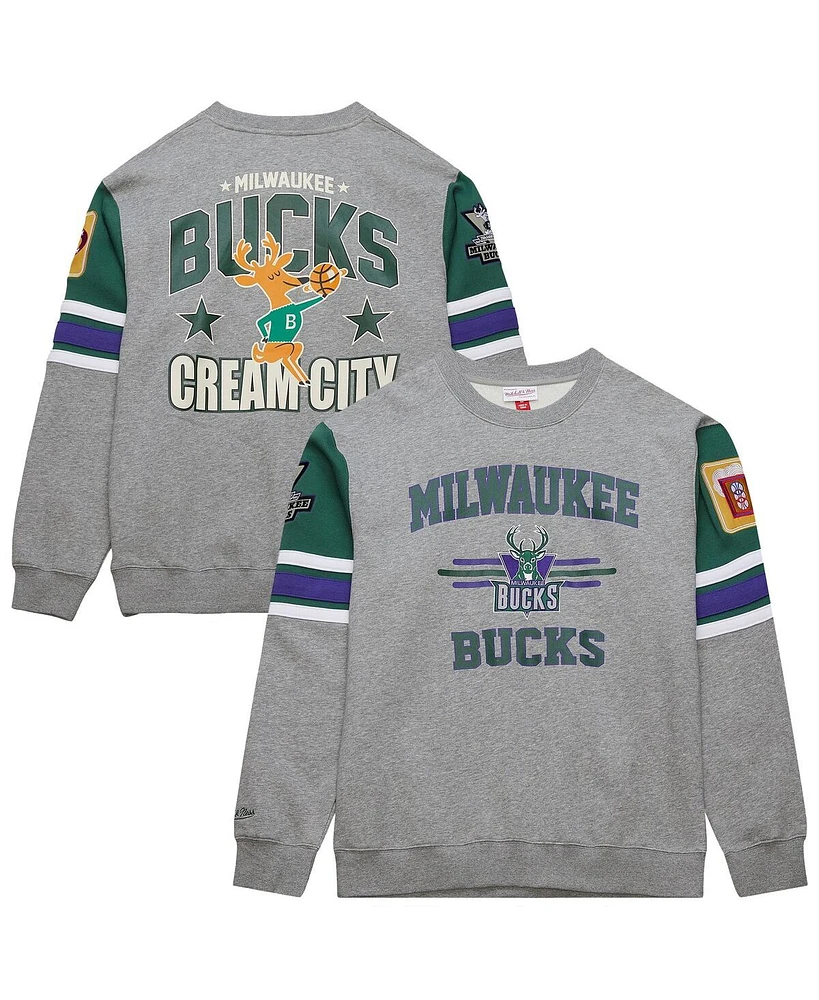 Mitchell & Ness Men's Heather Gray Milwaukee Bucks Hardwood Classics All Over 4.0 Pullover Sweatshirt