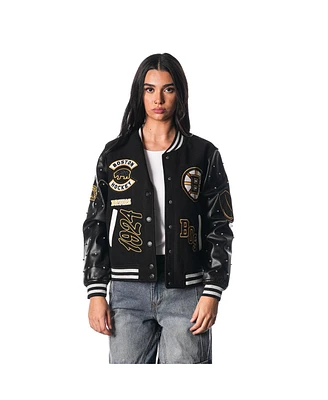 The Wild Collective Women's Black Boston Bruins Full-Snap Varsity Jacket