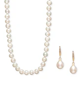 Cultured Freshwater Pearl Necklace (7-7 1/2mm) and Drop Earrings (7x9mm) Set Sterling Silver