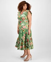 Anne Klein Plus Printed Drawstring-Waist Midi Dress