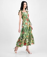 Anne Klein Women's Printed V-Neck Drawstring Maxi Dress