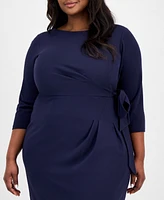 Tahari Plus Side-Tie Back-Belted 3/4-Sleeve Dress