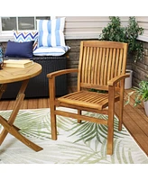 Stackable Wooden Outdoor Patio Dining Armchair with Slat Back - Light Brown Finish