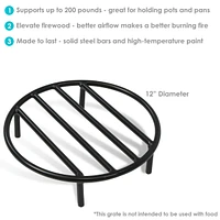 Fire Pit Grate - Heavy-Duty Steel - Round Firewood Grate for Outdoor Firepits - 12-Inch Black