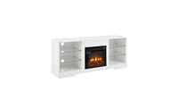 Tv Stand with Electric Fireplace and Glass Shelves for Stylish Storage and Cozy Ambiance