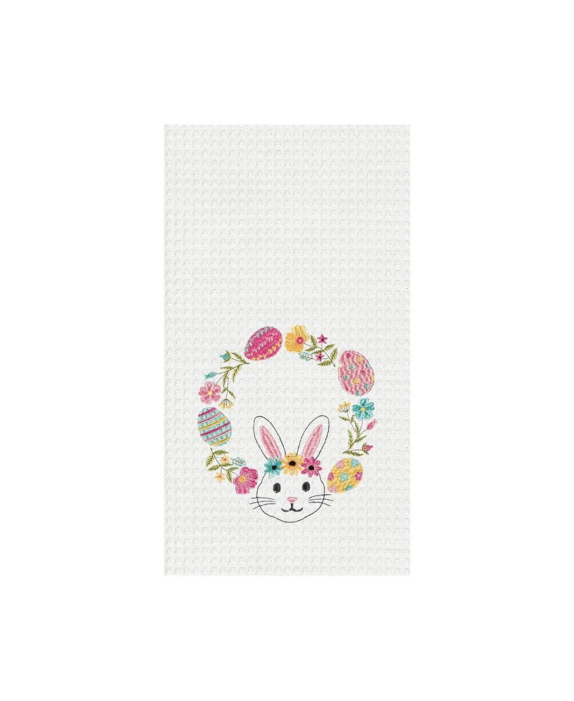 Bunny Rabbit Easter Egg Wreath Spring Theme Embroidered Waffle Weave Kitchen Dishtowel