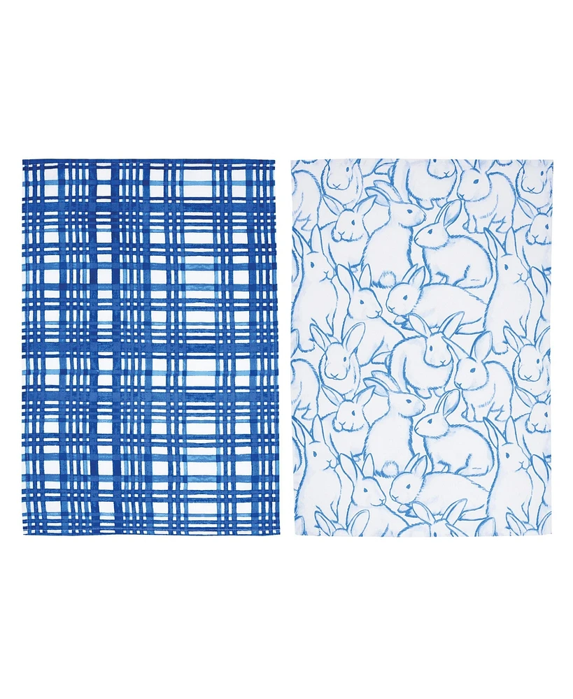 Blue Bunnies & Plaid Easter Spring Theme Kitchen Dishtowels, Set of 2