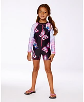 Deux par Girls Printed Long Sleeve One-Piece Rashguard Black And Multicolored Butterflies