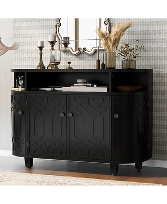 48.00" Curved Design Storage Cabinet made of Fraxinus Mandschuric Solid Wood Veneer, Featuring Four Doors and Adjustable Shelve,Black