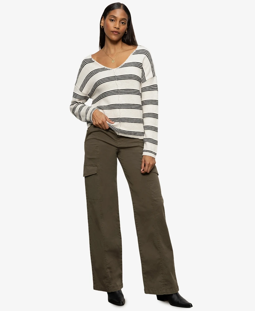 Sanctuary Women's Cotton Striped Easy V-Neck Sweater