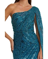 Mac Duggal Women's One Shoulder Cape Sleeve Embellished Gown