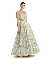 Mac Duggal Women's Floral Embroidered Illusion V-Neck Gown