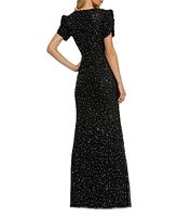 Mac Duggal Women's Gathered Short Sleeve Beaded Gown
